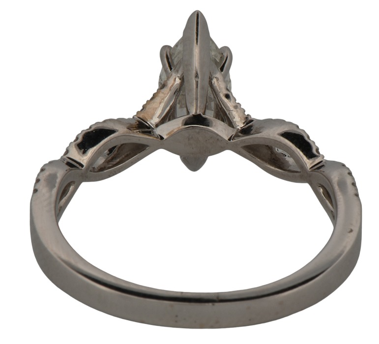 14K White Gold Estate Diamond Ring with a .86 Carat Marquise Diamond, I1 Clarity, I Color GIA #2215988900 with .20 Carat Total Weight in Round Cut Diamonds.