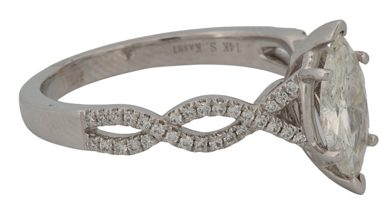 14K White Gold Estate Diamond Ring with a .86 Carat Marquise Diamond, I1 Clarity, I Color GIA #2215988900 with .20 Carat Total Weight in Round Cut Diamonds.