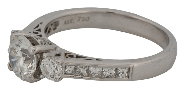 18K White Gold Diamond Engagement Ring with a 1.13 Carat Round Diamond, SI1 Clarity, G Color, GIA #12128014 and Approximately .62 Carat Total Weight in Accent Diamonds
