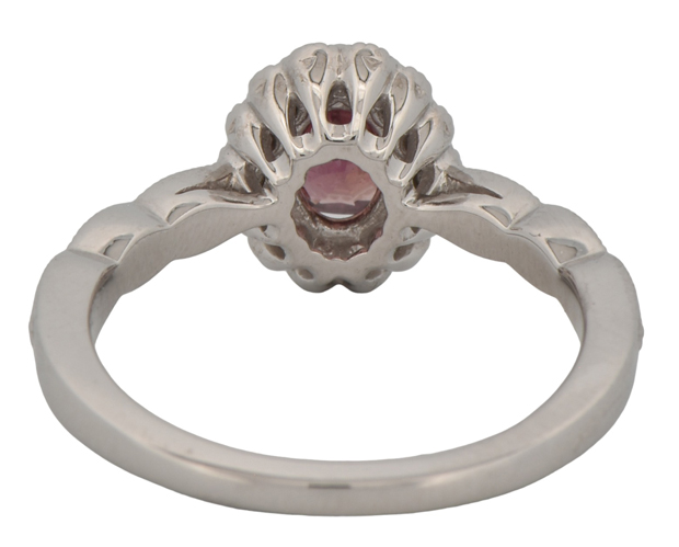 14K White Gold Ring with a .84 Carat Oval Purplish-Pink Heated Sapphire, GIA #5221198240 and .35 Carat Total Weight in Round Side Diamonds, SI Clarity, H Color