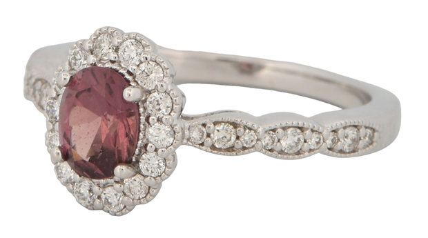14K White Gold Ring with a .84 Carat Oval Purplish-Pink Heated Sapphire, GIA #5221198240 and .35 Carat Total Weight in Round Side Diamonds, SI Clarity, H Color