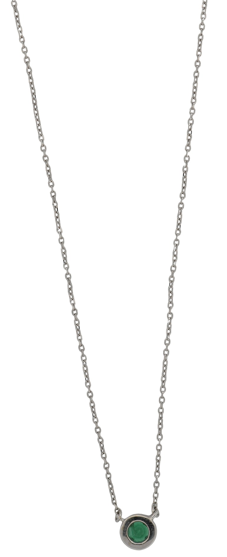 14K White Gold Halo Necklace with a 4mm Natural Emerald and .05 Carat Total Weight in Diamonds, 16 Inch Length