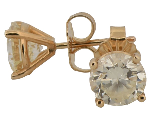 14K Yellow Gold Diamond Stud Earrings with a 1.01 Carat Round Cut Diamond, VS1 Clarity, M Color, GIA # 6224345966 and a 1.06 Carat Round Cut Diamond, VS2 Clarity, N Color, GIA # 2211727759.