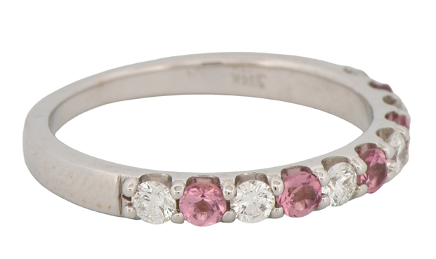 14K White Gold Band with .50 Carat Total Weight in Diamonds, SI Clarity, H Color and .45 Carat Total Weight in Pink Tourmaline