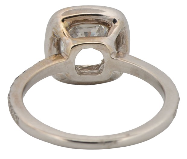 14K White Gold Diamond Ring with a 1.51 Carat Cushion Cut Diamond, SI1 Clartiy, F Color GIA #5203376215 and Approximately .30 Carat Total Weight in Side Round Diamonds