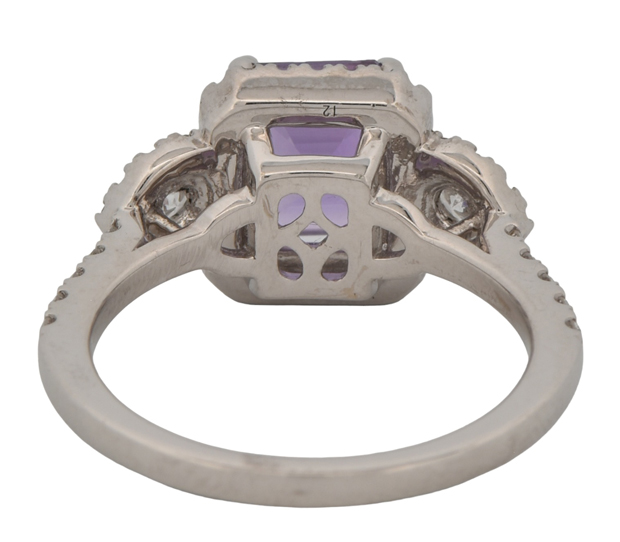 14K White Gold Sapphire and Diamond Ring with a 2.02 Carat No Heat Purple Sapphire and .59 Carat Total Weight in Round Cut Diamonds. Finger Size 6.25.