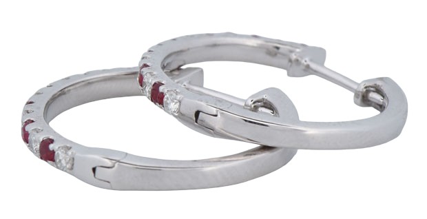 14K White Gold Diamond and Ruby Hoop Earrings