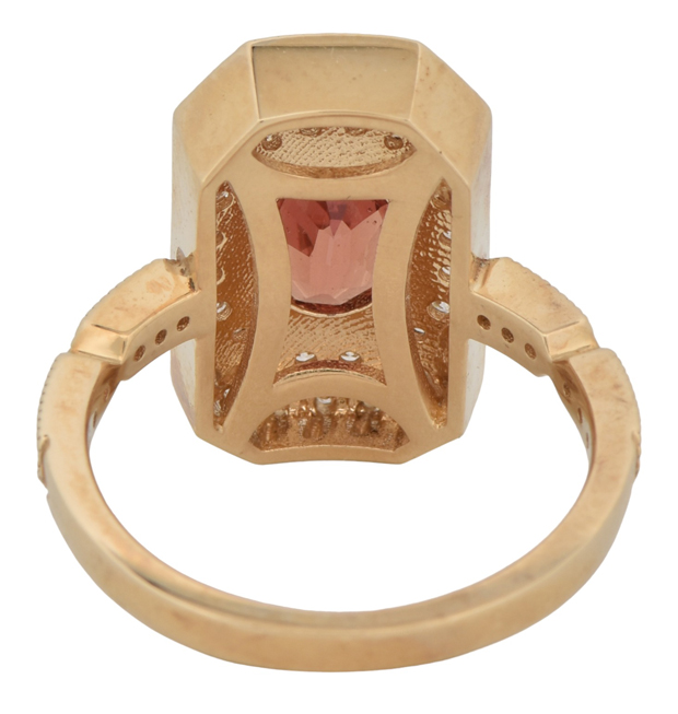 14K Yellow Gold Diamond Ring with a 1.39 Carat Oval Reddish-Orange Sapphire, GIA #2215367671 and .55 Carat Total Weight in Round Side Diamonds, SI Clarity, G-H Color