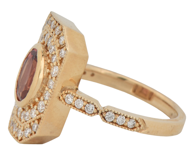 14K Yellow Gold Diamond Ring with a 1.39 Carat Oval Reddish-Orange Sapphire, GIA #2215367671 and .55 Carat Total Weight in Round Side Diamonds, SI Clarity, G-H Color