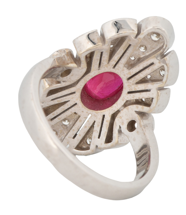 14K White Gold Ring with a 1.21 Carat Oval Ruby, EGL #40353504C and .75 Carat Total Weight in Round Side Diamonds, SI Clarity. G-H Color