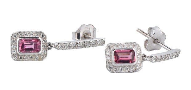 14K White Gold Earrings with .63 Carat Total Weight in Pink Spinel and .40 Carat Total Weight in Round Brilliant Diamonds, SI Clarity, G-H Color