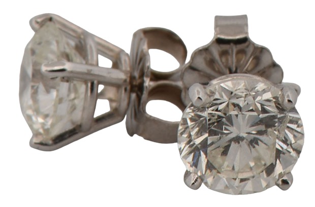 14K White Gold Diamond Stud Earrings with a 1.07 Carat Round Diamond, I2 Clarity, I Color GIA #5221575748 and a 1.15 Carat Round Diamond, I1 Clarity, I Color GIA #6224575717
