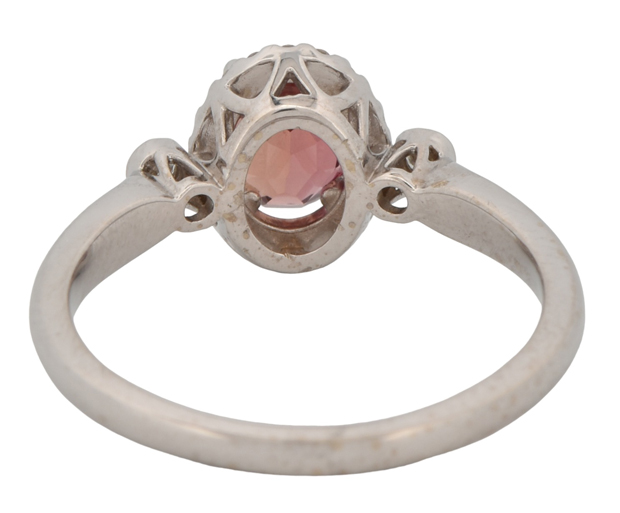 14K White Gold Ring with a 1.14 Carat Reddish-Pink Oval Sapphire and .15 Carat Total Weight in Round Diamonds