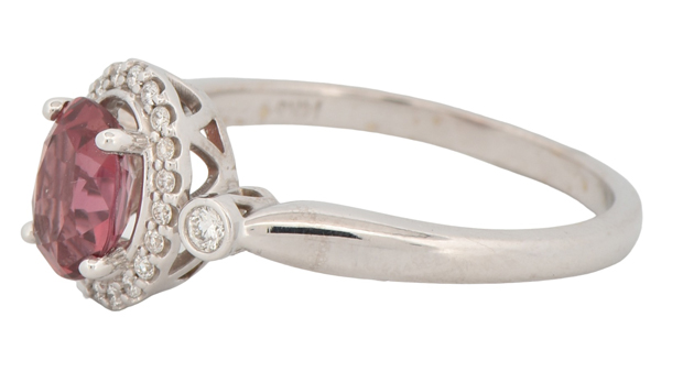 14K White Gold Ring with a 1.14 Carat Reddish-Pink Oval Sapphire and .15 Carat Total Weight in Round Diamonds