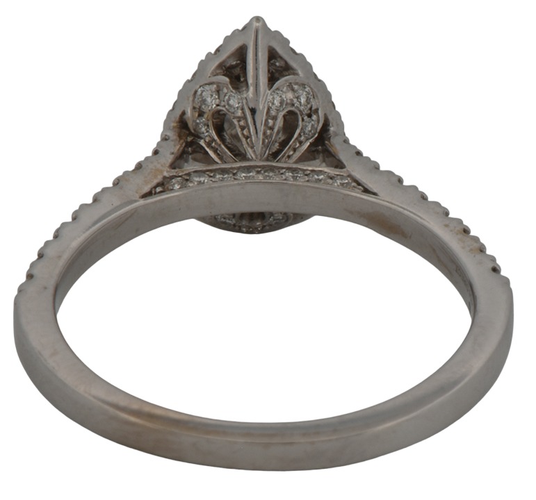 14K White Gold Diamond Ring with a .85 Carat Pear Diamond, SI1 Clarity, G Color and Approximately .50 Carat Total Weight in Side Diamonds