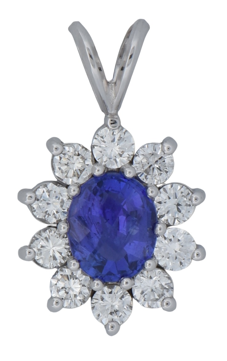 14K White Gold Pendant with 1.49 Carat Oval Violet-Blue Checkerboard Tanzanite and 1.02 Carat Total Weight in Diamonds, SI Clarity, H-I Color