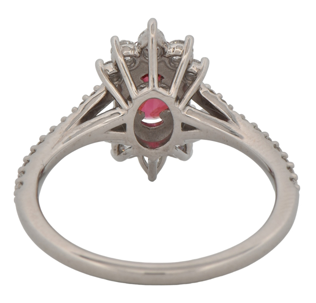 14K White Gold Ring with a 1.22 Carat Red Spinel and .74 Carat Total Weight in Round and Pear Side Diamonds, SI Clarity, H Color