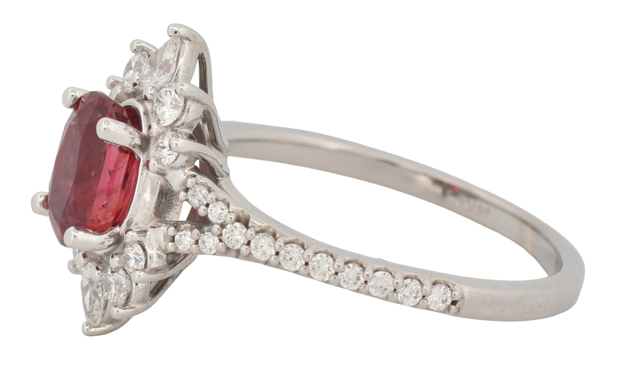 14K White Gold Ring with a 1.22 Carat Red Spinel and .74 Carat Total Weight in Round and Pear Side Diamonds, SI Clarity, H Color