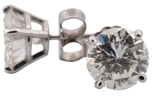 14K White Gold Diamond Stud Earrings with 2.54 Carat Total Weight in Round Brilliant Diamonds, I1-2 Clarity, I-J Color