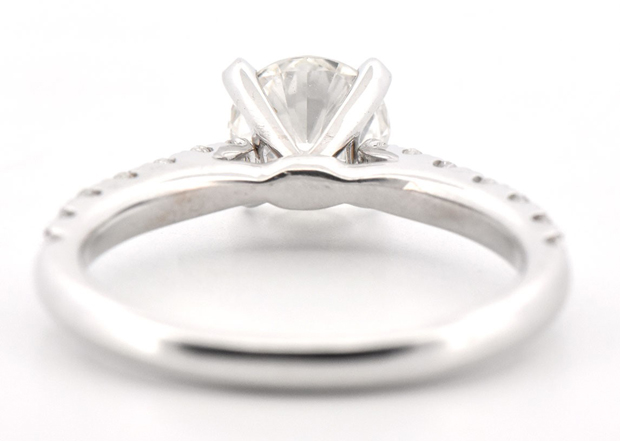 14K White Gold Diamond Ring with a 1.06 Carat Round Brilliant Diamond, VS2 Clarity, G Color GIA #2223651390 and .40 Carat Total Weight in Round Brilliant Side Diamonds, SI Clarity, G Color