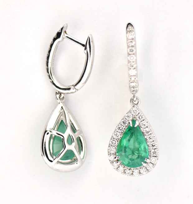 14K White Gold Earrings with 2.31 Carat Total Weight in Pear Emeralds, GIA #6227859565 and .51 Carat Total Weight in Round Brilliant Diamonds, SI Clarity, G-H Color