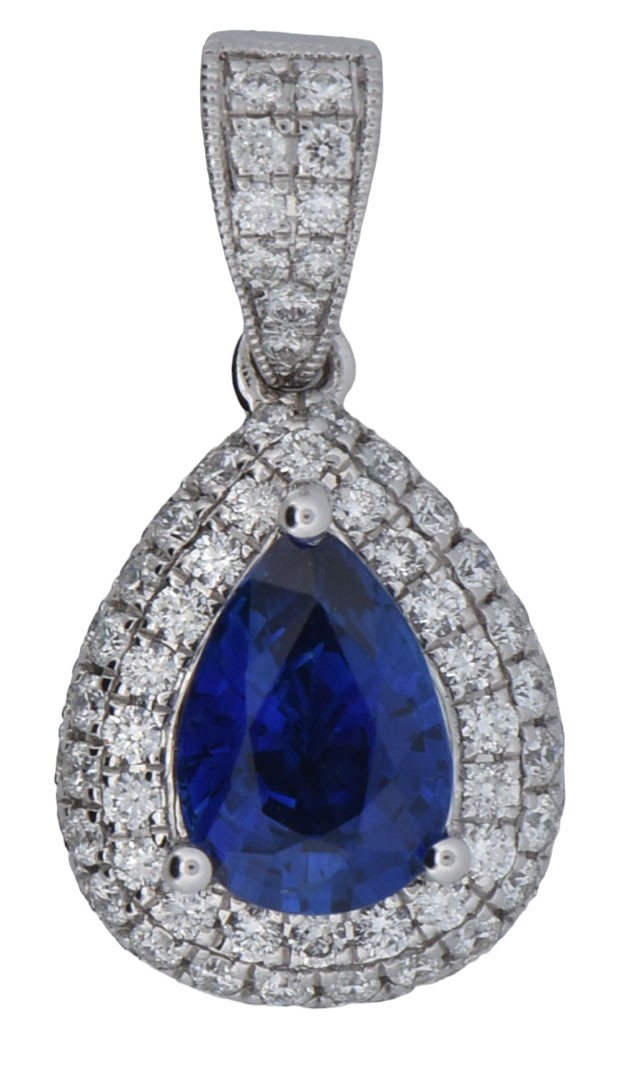 14K White Gold Pendant with a 1.45 Carat Pear Brilliant Blue Sapphire, Heat Treated, GIA #6224859571 and .59 Carat Total Weight in Round Brilliant Side Diamonds, SI Clarity, G Color