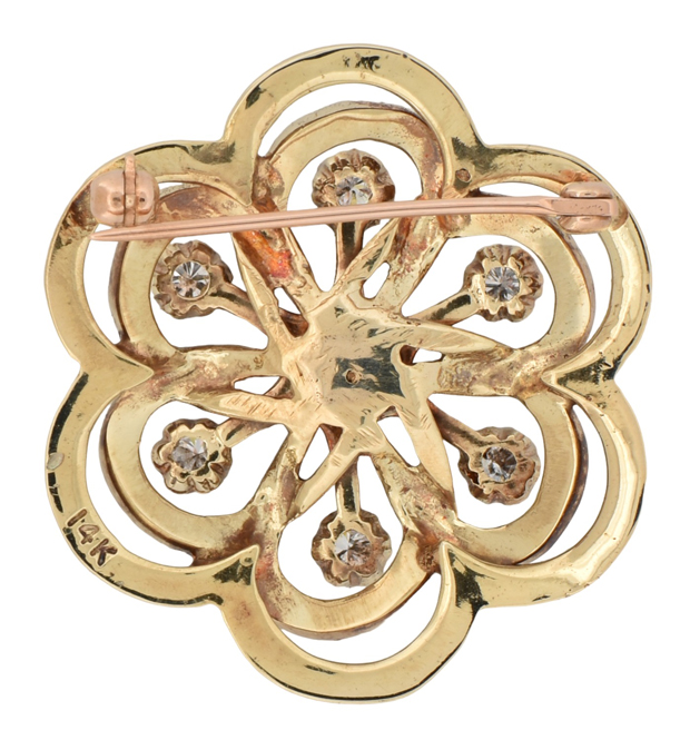 14K Yellow Gold Estate Diamond Pin with Approximately .45 Carat Total Weight in Round Cut Diamonds, SI1-2 Clarity, I-J Color. 6.4 dwt.