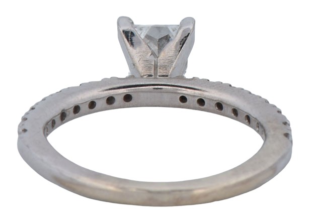 14K White Gold Estate Diamond Engagement Ring with a .80 Carat Rectangular Modified Brilliant, SI2 Clarity, I Color, GIA # 6177484010 with Approximately .20 Carat Total Weight in Round Cut Diamonds.