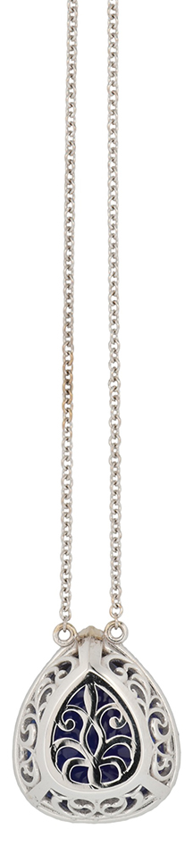 14K White Gold Halo Pendant with a 16.49 Carat Deep Violetish Blue Pear Cut Tanzanite, SGL #221019D-SJ and .52 Carat Total Weight in Diamonds on 18" Length Cable Chain