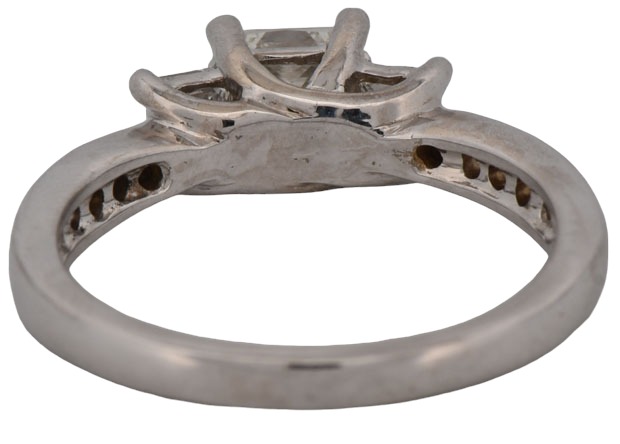14K White Gold Estate Diamond Ring with an Approximate .75 Carat Princess Cut Center Diamond, VS2 Clarity, J Color with Approximately .70 Carat Total Weight in Princess and Round Cut Diamonds. 3.0 dwt