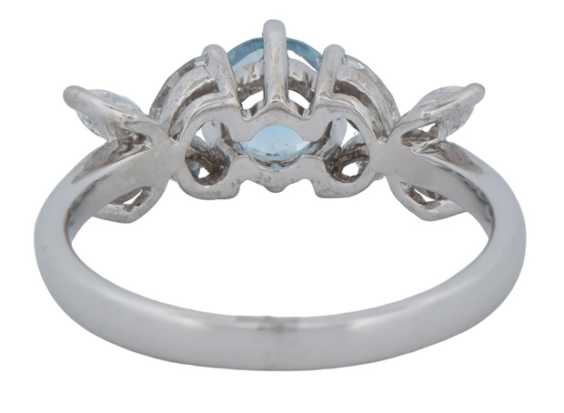 18K White Gold XOX Ring with an Approx .60 Carat AAA Aquamarine and .51 Carat Total Weight in Marquise Cut Accent Diamonds, SI1 Clarity, G-H Color