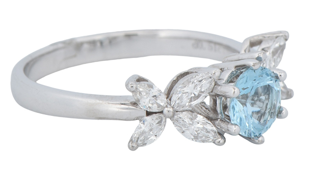 18K White Gold XOX Ring with an Approx .60 Carat AAA Aquamarine and .51 Carat Total Weight in Marquise Cut Accent Diamonds, SI1 Clarity, G-H Color