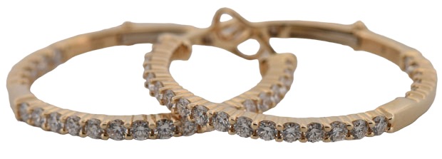 14K Yellow Gold Diamond Hoop Earrings with 1.55 Carat Total Weight in Round Cut Diamonds, SI1 Clarity, G-H Color.