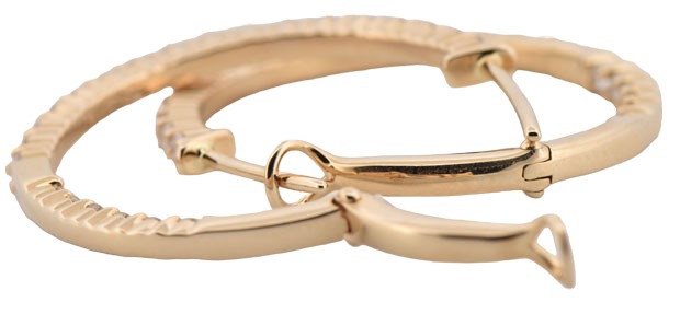 14K Yellow Gold Diamond Hoop Earrings with 1.55 Carat Total Weight in Round Cut Diamonds, SI1 Clarity, G-H Color.