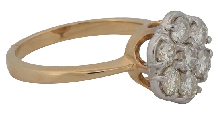 14K Two-Tone Estate Diamond Cluster Ring with Approximately 1.00 Carat Total Weight in Round Cut Diamonds, SI1 Clarity, I Color. Finger Size 6.25, 2.3 dwt.