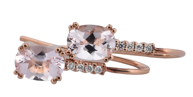14K Rose Gold Dangle Earrings with 1.50 Carat Total Weight in Oval Morganites and .05 Carat Total Weight in Round Cut Diamonds.
