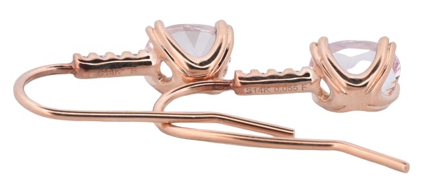 14K Rose Gold Dangle Earrings with 1.50 Carat Total Weight in Oval Morganites and .05 Carat Total Weight in Round Cut Diamonds.