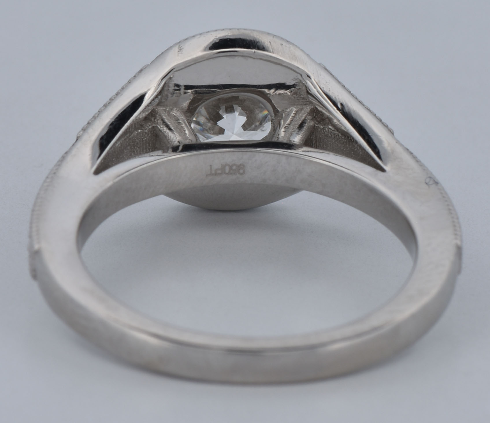 Platinum Estate Diamond Ring with a 1.03 Carat Round Brilliant, VVS2 Clarity, D Color GIA #6371860739 and .40 Carat Total Weight in Round Side Diamonds, SI Clarity, G Color