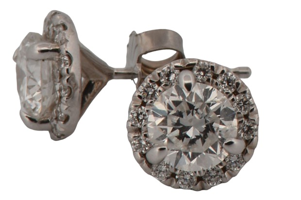 14K White Gold Diamond Earrings with a .68 Carat Round Brilliant, SI2 Clarity, F Color GIA #6224927447 and a .72 Carat Round Brilliant, I2 Clarity, F Color GIA #2221906176 and .20 Carat Total Weight