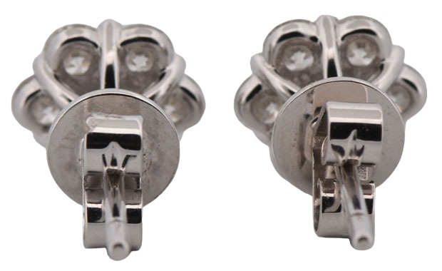 14K White Gold Cluster Diamond Earrings with 1.03 Carat Total Weight in Round Cut Diamonds, SI1 Clarity, G-H Color.