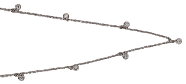 14K White Gold 20 Inch Dangle Diamond by the Yard Necklace with .17 Carat Total Weight in Round Cut Diamonds, SI1 Clarity, G-H Color.
