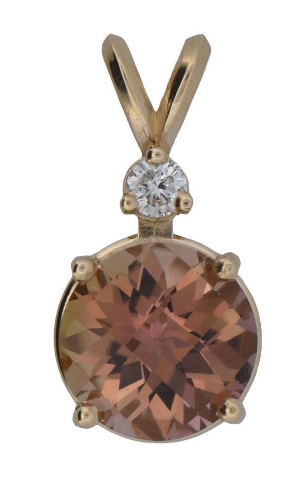 14K Yellow Gold Pendant with a 2.62 Carat Parti-Tourmaline and Approx .10 Carat Accent Diamond