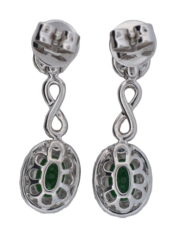 14K White Gold Earrings with a 1.05 Carat Tsavorite Garnet and a 1.07 Carat Tsavorite Garnet and .64 Carat Total Weight in Round Side Diamonds, SI Clarity, G-H Color