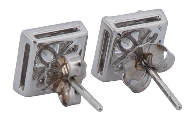 14K White Gold Diamond Earrings with Approximately 1.00 Carat Total Weight in Princess Cut Center Diamonds, I1 Clarity, H Color and Approximately .40 Carat Total Weight in Round Side Diamonds