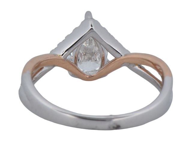 18K Two Tone Ring with a .90 Carat Pear Cut Diamond, VVS2, F Color, GIA #1109260677 and .22 Carat Total Weight