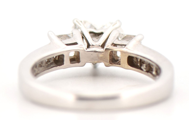 14K White Gold Engagement Ring with .94 Carat Heart-Cut Diamond, I1 Clarity, J-K Color and Approx .95 Carat Total Weight in Princess-Cut Diamonds, SI2, J-K, Finger Size 7