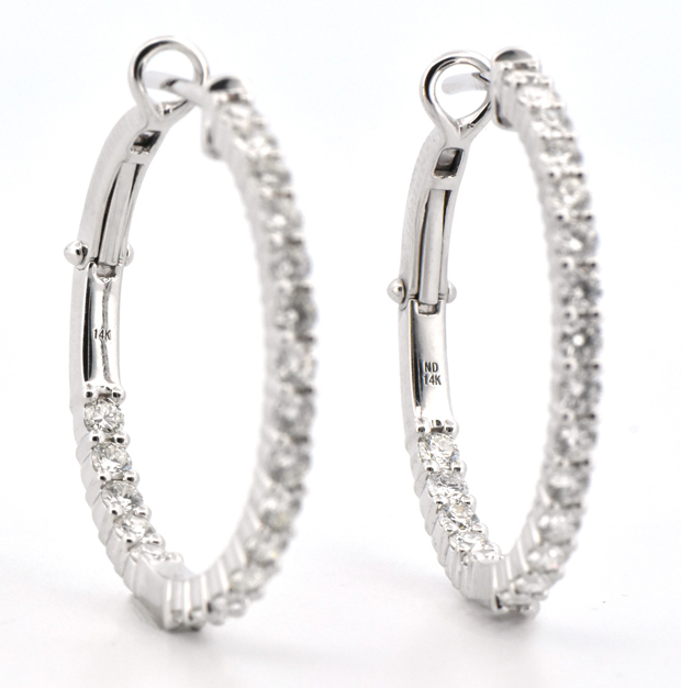 14K White Gold Diamond Hoop Earrings with 2.00 Carat Total Weight in Round Brilliant Diamonds, SI Clarity, G-H Color