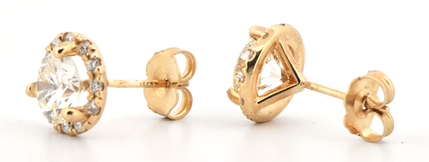14K Yellow Gold Halo Earrings with a .99 Carat Round Brilliant VS1 Clarity, L Color GIA #6227646126 and a 1.05 Carat Round Brilliant VVS2 Clarity, L Color GIA #6223167072