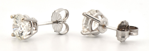 14K White Gold Diamond Earrings with a 1.06 Carat Round Brilliant, SI1 Clarity, I Color GIA #2235334485 and a 1.06 Carat Round Brilliant, SI2 Clarity, I Color GIA #6234334538