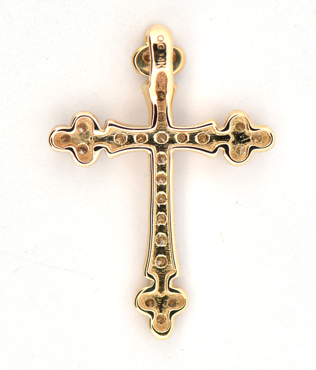 14K Yellow Gold Diamond Cross with .25 Carat Total Weight in Round Cut Diamonds.